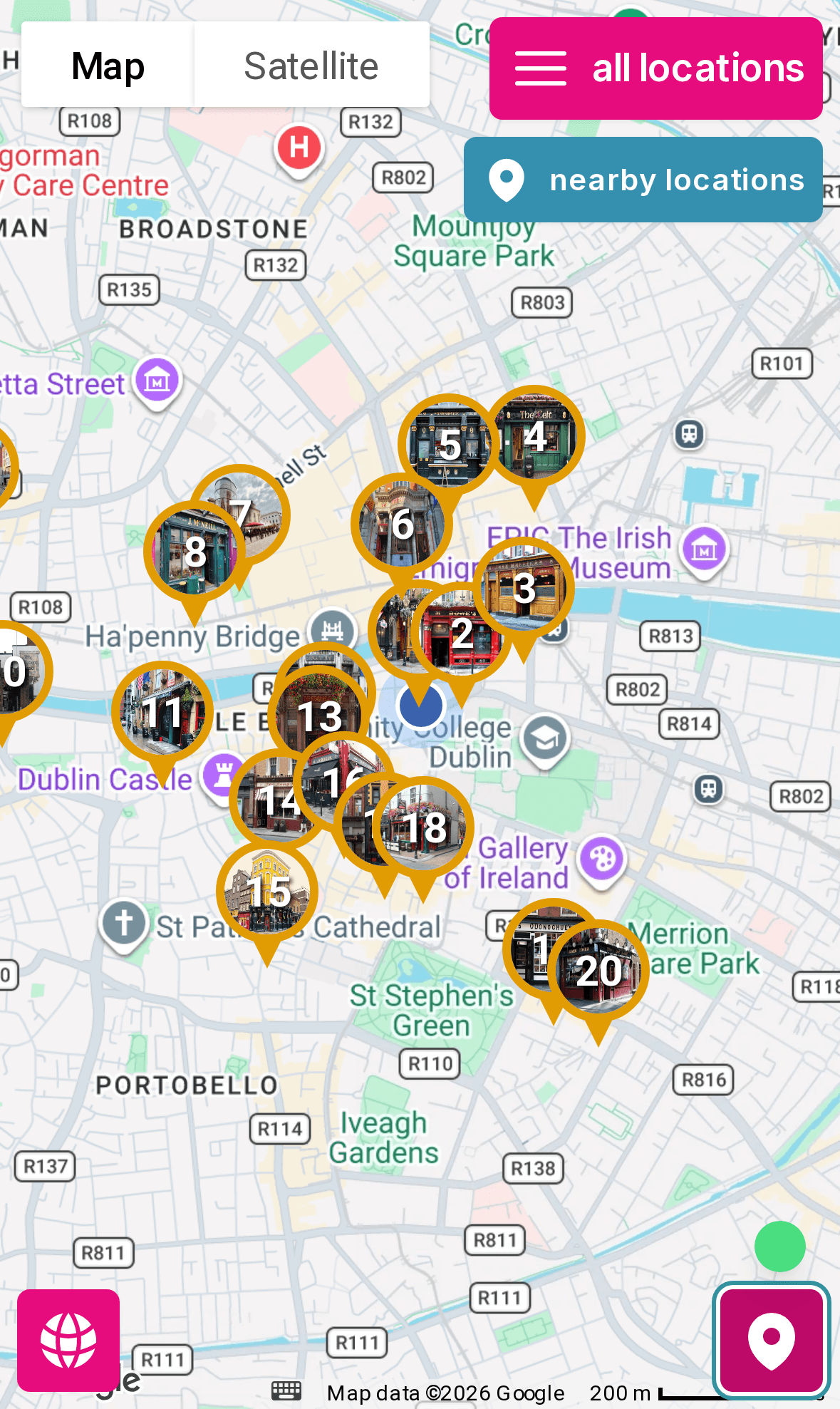Kroegentocht Dublin: map with the walker's live location and a nearby locations button